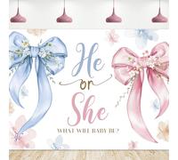 Riyidecor Gender Reveal Backdrop Polyester Fabric Bow Watercolor Floral What Will Baby Be 8Wx6H Feet Pink Blue He or She Baby Shower Floral Leaves Photography Background Newborn Photo Studio Shoot