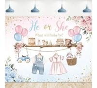Riyidecor Gender Reveal Backdrop Polyester Fabric He or She Pink Blue Baby Shower Watercolor Flower Balloon Floral 8Wx6H Feet What Will Baby Be Photography Background Newborn Photo Studio Shoot