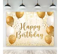 Riyidecor Gold White Happy Birthday Backdrop Modern Golden Balloons Sparkle 7Wx5H Feet Polyester Fabric Girls Women Bday Photography Background Beauty Table Decor Banner Studio Photo Shoot