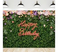 Riyidecor Green Leaves Happy Birthday Backdrop Polyester Fabric for Woman Neon Spring Flower Wall Floral Blossom Plant Botanical 7Wx5H Feet Nature Photography Background Birthday Photo Studio Shoot