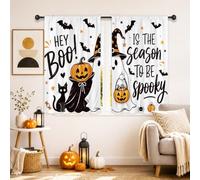Riyidecor Halloween Small Kitchen Curtains Funny Pumpkin Ghost Cute Spooky Magic Witchy Bat Cat Spider Candy Retro Rod Pocket Farmhouse Bedroom Living Room Treatment Fabric 2 Panels 27.5Wx39H Inch