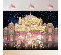 Riyidecor Happy Birthday Backdrop Polyester Fabric Gold Diamond Gorgeous Castle Luxury Pink Sakura Starry 7Wx5H Feet White Horse Carriage Photography Background Birthday Baby Shower Photo Studio Shoot
