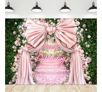 Riyidecor Happy Birthday Backdrop Polyester Fabric Pink Bow Floral Green Leaves Botanical Plant Nature Blossom Neon Flower Wall 7Wx5H Feet Girls Photography Background Birthday Photo Studio Shoot