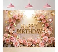 Riyidecor Happy Birthday Backdrop Polyester Fabric Pink Roses Blossom Flower Gold Heart Balloon Elegant Luxury 8Wx6H Feet Girl Princess Photography Background Birthday Baby Shower Photo Studio Shoot