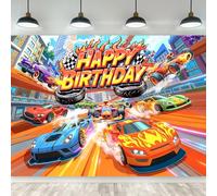 Riyidecor Hot Racing Car Happy Birthday Backdrop for Men Boys 7Wx5H Feet Polyester Fabric Cartoon Colorful Wheels Plaid Bday Race Photography Background Birthday Table Decor Banner Studio Photo Shoot