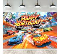 Riyidecor Hot Racing Cars Happy Birthday Backdrop Cool 5Wx3H Feet Polyester Fabric Race Vintage Colorful Checkered Cartoon Photography Background for Boys Kids Table Decor Banner Studio Photo Shoot