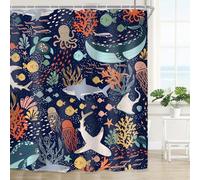 Riyidecor Kids Shark Fish Shower Curtain for Bathroom Decor 72Wx72H Navy Blue Sea Animal Ocean Whale Funny Cartoon Underwater Turtle Boys Art Printed Fabric Polyester Waterproof 12 Pack Plastic Hooks
