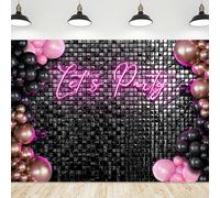 Riyidecor Let's Party Backdrop Modern Disco 80s Black Neon Pink Plaid Checkered Balloons Fashion Shinning Groovy 7Wx5H Feet Girls Photography Background Birthday Photo Studio Shoot Polyester Fabric