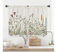 Riyidecor Light Green Leave Plant Small Short Kitchen Curtains Floral Botanical Wildflower Flower Floral Rod Pocket Farmhouse Cafe Curtains Herb Vintage Cute Bedroom Living Room Treatment Fabric