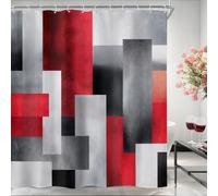 Riyidecor Long Black Red Grey Abstract Shower Curtain 72Wx78H Inch Modern Minimalist Square Rectangle Geometric Shape Blocks Grid Neutral Bathroom Decor Fabric Polyester Waterproof 12 Pack Hooks
