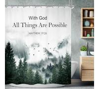Riyidecor Mountain Shower Curtain 60Wx72H Inch Bible Verse Christian Inspirational God Words Foggy Tree Scenery Landscape Mens Bathroom Decor Fabric Polyester Waterproof 12 Pack Hooks