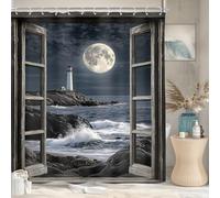 Riyidecor Night Beach Lighthouse Shower Curtain Moon Ocean Sea Night Blue Coastal Seaside Seashore Window Landscape 60Wx72H Inch Fabric Decor Bathroom Polyester Waterproof 12 Pack Hooks