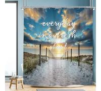Riyidecor Ocean Beach Quote Shower Curtain 60Wx72H Inch Seaside Sunset Scenic Blue Sky Inspirational Nature Sunlight Landscape Sand Sea Bathroom Decor Polyester Waterproof 12 Pack Hooks