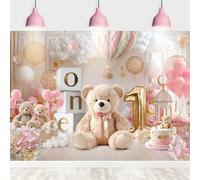 Riyidecor One Year Old Birthday Backdrop Cute Bear 1st Birthday Decor Hot Air Balloon Cloud 7Wx5H Feet Polyester Fabric Baby Kids Photography Background Lovely Table Decor Banner Studio Photo Shoot