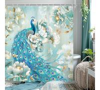 Riyidecor Peacock Floral Shower Curtain for Bathroom Decor 72Wx72H Teal Flowers Luxury Beautiful White Gold Peony Rose Women Girls Elegant Art Fabric Polyester Waterproof 12 Pack Plastic Hooks