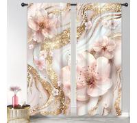 Riyidecor Pink and White Marble Curtains Modern Cherry Blossom Abstract Gold Floral Flower Botany Minimalist Rod Pocket Luxury Aesthetic Bedroom Living Room Treatment Fabric 2 Panels 52Wx84H Inch