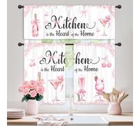 Riyidecor Pink Bow Cute Kitchen Curtains and Valances 3 Piece Set Rod Pocket 36 Inch Short Rustic Wine Champagne Cherry Strawberry Love Heart Vintage Funny Quotes Bedroom Living Room Treatment Fabric