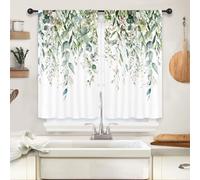 Riyidecor Sage Green Eucalyptus Leaves Kitchen Curtains Plants Flower Spring Floral Botanical Pattern Cafe Curtains for Bathroom Bedroom Living Room Rod Pocket Treatment Fabric 2 Panels 27.5Wx39H Inch