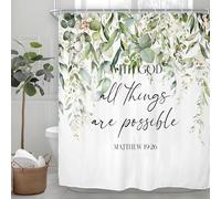 Riyidecor Sage Green Eucalyptus Leaves Shower Curtain for Bathroom Decor 72Wx72H Bible Verse Quotes Spring Floral Botanical Watercolor Art Printed Fabric Polyester Waterproof 12 Pack Metal Hooks