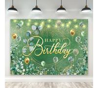 Riyidecor Sage Green Happy Birthday Backdrop Greenery Eucalyptus Women 7Wx5H Feet Polyester Fabric Glitter Gold Ballon Luxury Photography Background Birthday Table Decor Banner Studio Photo Shoot