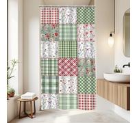 Riyidecor Small Stall Floral Plaid Shower Curtain for Bathroom Decor 36Wx72H Boho Cute Green Flower Pink Retro Patchwork Plant Checkered Art Printed Fabric Polyester Waterproof 7 Pack Plastic Hooks