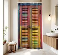 Riyidecor Small Stall Rustic Barn Door Shower Curtain for Bathroom Decor 36Wx72H Colorful Farmhouse Vintage Wooden Blinds Yellow Country Art Printed Fabric Polyester Waterproof 7 Pack Plastic Hooks