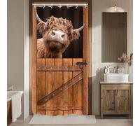 Riyidecor Stall Funny Highland Cow Shower Curtain 36Wx72H Inch Small Rv Half Rustic Bull Door Curtains Wooden Plank Barnwood Western Bull Cattle Bathroom Decor Fabric Polyester Waterproof 7 Pack Hooks