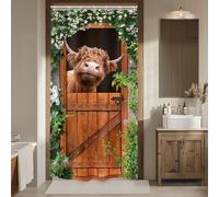 Riyidecor Stall Rv Half Highland Cow Shower Curtain 36Wx72H Inch Funny Door Curtains Small Single Narrow Rustic Spring Plant Farmhouse Western Bathroom Decor Fabric Polyester Waterproof 7 Pack Hooks