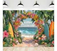 Riyidecor Summer Hawaiian Beach Backdrop Polyester Fabric Tropical Ocean Floral Flower Blue Sky Surfboard Palm Tree Leaf 7Wx5H Feet Party Photography Background Holiday Birthday Photo Studio Shoot