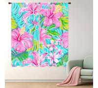Riyidecor Tropical Hot Pink Floral Curtains Boho Flowers Green Leaves Palm Leaf Plant Herbs Mostera Rod Pocket Nature Colorful Botanical Bedroom Living Room Treatment Fabric 2 Panels 42Wx63H Inch