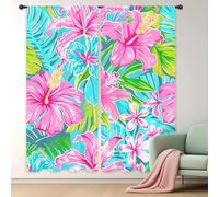 Riyidecor Tropical Hot Pink Floral Curtains Flowers Teal Green Leaves Palm Leaf Botanical Plant Herbs Mostera Rod Pocket Nature Colorful Bedroom Living Room Treatment Fabric 2 Panels 52Wx84H Inch
