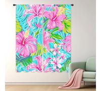 Riyidecor Tropical Hot Pink Floral Curtains Flowers Teal Green Leaves Palm Leaf Plant Herbs Mostera Rod Pocket Nature Colorful Botanical Bedroom Living Room Treatment Fabric 2 Panels 29Wx63H Inch