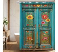 Riyidecor Vintage Teal Barn Door Small Stall Bathroom Shower Curtain Set