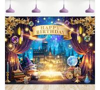 Riyidecor Wizard Happy Birthday Backdrop Polyester Fabric Magical Witchy Midnight Castle Valance Shining Book Hat 8Wx6H Feet Mysterious Starry Night Photography Background Bdy Party Photo Studio Shoot