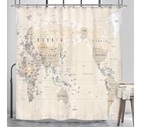 Riyidecor World Map Shower Curtain Beige Educational Vintage Geography Retro Countries Capital The Earth Travel Decor Bathroom Fabric Set Polyester Waterproof Fabric 72Wx72H Inch 12 Pack Plastic Hooks