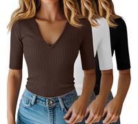 Riyiper 3 Pack Women's Half Sleeve Top Elbow Length Ribbed Cotton T Shirt Women V Neck Summer Tee Slim Fit Casual Blouses(Black, White, Brown,M)