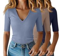 Riyiper 3 Pack Women's Half Sleeve Top Elbow Length Ribbed Cotton T Shirt Women V Neck Summer Tee Slim Fit Casual Blouses(Light Blue, Khaki, Navy Blue,Large)