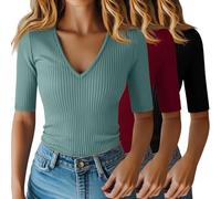 Riyiper 3 Pack Women's Half Sleeve Top Elbow Length Ribbed Cotton T Shirt Women V Neck Summer Tee Slim Fit Casual Blouses(Black, Burgundy Red, Dark Bean Green,X-Large)