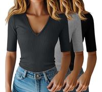 Riyiper 3 Pack Women's Half Sleeve Top Elbow Length Ribbed Cotton T Shirt Women V Neck Summer Tee Slim Fit Casual Blouses(Black, Dark Gray, Light Gray,Small)