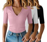 Riyiper 3 Pack Women's Half Sleeve Top Elbow Length Ribbed Cotton T Shirt Women V Neck Summer Tee Slim Fit Casual Blouses(Black, White, Pink,XX-Large)