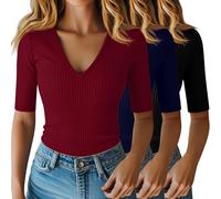 Riyiper 3 Pack Women's Half Sleeve Top Elbow Length Ribbed Cotton T Shirt Women V Neck Summer Tee Slim Fit Casual Blouses(Black, Navy Blue, Wine Red,Large)