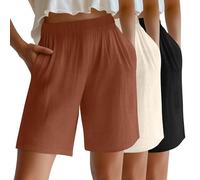 Riyiper 3 Pack Women's Linen Shorts Elastic High Waist Bermuda Wide Leg Summer Casual Lounge Short with Pockets(Pumpkin, Apricot, Black,Small)