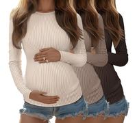 Riyiper 3 Pack Women's Maternity Shirts Long Sleeve Ribbed Knit Pregnancy Tees Crewneck Tunic Clothes Casual Fall Tops(Apricot, Khaki, Brown,Small)