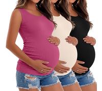 Riyiper 3 Pack Women's Maternity Tank Tops, Sleeveless Cotton Pregnancy Shirts Ribbed Knit Sides Ruched Basic Mama Clothes(Black, Rose Red, Apricot,Large)