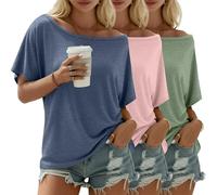 Riyiper 3 Pack Women's Off the Shoulder Shirts, Loose Fit Flowy Tops Short Sleeve Casual Summer Tshirt Athletic Workout Tunic(Haze Blue, Pink, Light Green,X-Large)
