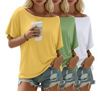 Riyiper 3 Pack Women's Off the Shoulder Shirts, Loose Fit Flowy Tops Short Sleeve Casual Summer Tshirt Athletic Workout Tunic(Yellow, Grass Green, White,Large)