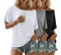 Riyiper 3 Pack Women's Off the Shoulder Shirts, Loose Fit Flowy Tops Short Sleeve Casual Summer Tshirt Athletic Workout Tunic(Black, White, Light Gray,Small)