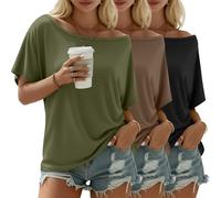 Riyiper 3 Pack Women's Off the Shoulder Shirts, Loose Fit Flowy Tops Short Sleeve Casual Summer Tshirt Athletic Workout Tunic(Army Green, Bright Coffee, Pure Black,Medium)