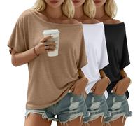 Riyiper 3 Pack Women's Off the Shoulder Shirts, Loose Fit Flowy Tops Short Sleeve Casual Summer Tshirt Athletic Workout Tunic(Black, Khaki, White,Large)