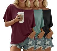 Riyiper 3 Pack Women's Off the Shoulder Shirts, Loose Fit Flowy Tops Short Sleeve Casual Summer Tshirt Athletic Workout Tunic(Burgundy Red, Gray Green, Pure Black,Medium)